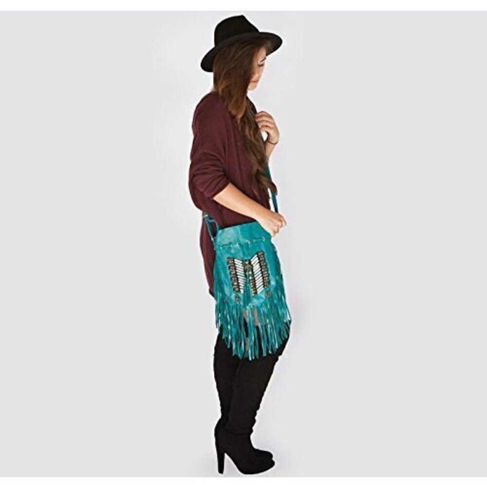 9356 Turquoise Boho Bag Real Leather Fringe Purse Bohemian Bags - Picture 3 of 3